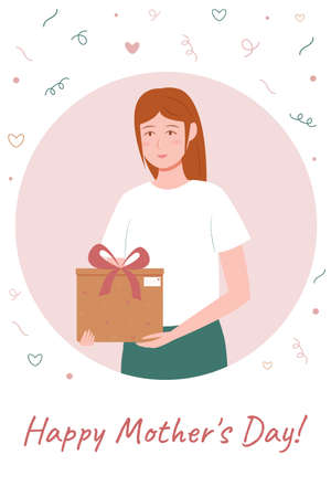 mother's day girl present. Smiling girl holding a gift for her mother. Nice cute concept, poster, banner, card for Mother's Day. Vector illustration in flat style.のイラスト素材