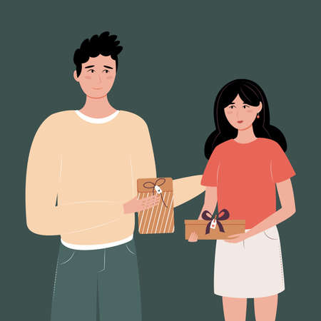Man and woman present concept. Young happy man and woman give gifts to each other. Smiling couple in love. Romantic cute concept, poster, banner, card. Vector illustration in flat style.のイラスト素材