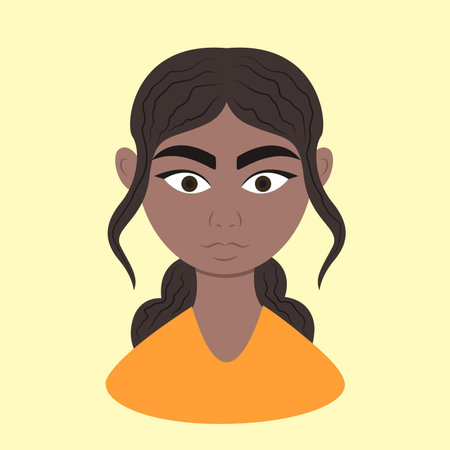 Woman different race portrait cartoon. Beautiful African girl with dark hair on yellow background. Ethnic diversity and tolerance. Vector illustration in flat cartoon style.のイラスト素材