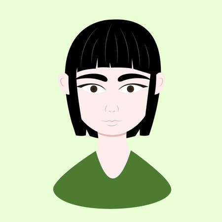 Woman different race portrait cartoon. Beautiful Asian girl with black hair on green background. Ethnic diversity and tolerance. Vector illustration in flat cartoon style.のイラスト素材