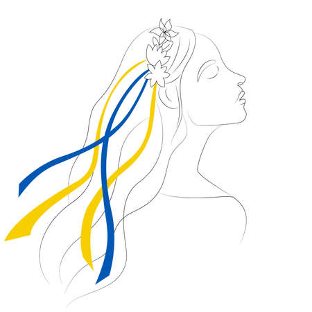 Ukraine woman line art. Ukrainian woman with a circlet of flowers on her head and blue and yellow ribbons in her hair. Vector illustration in linear style.のイラスト素材