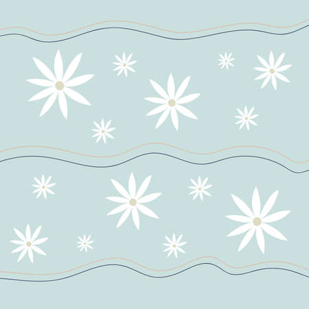 Pattern groovy trippy daisy. Daisies and lines on light blue background. 70s vibes floral background. Hand drawn vector illustration in flat style.のイラスト素材
