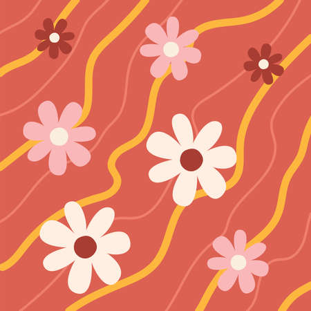 Pattern groovy trippy daisy. Daisies and lines on red background. 70s vibes floral background. Hand drawn vector illustration, flat style.のイラスト素材