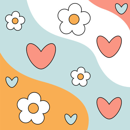1970 trippy pattern daisy. White daisies and pink hearts on colorful background. 70s vibes floral background. Groovy hand drawn vector illustration.のイラスト素材