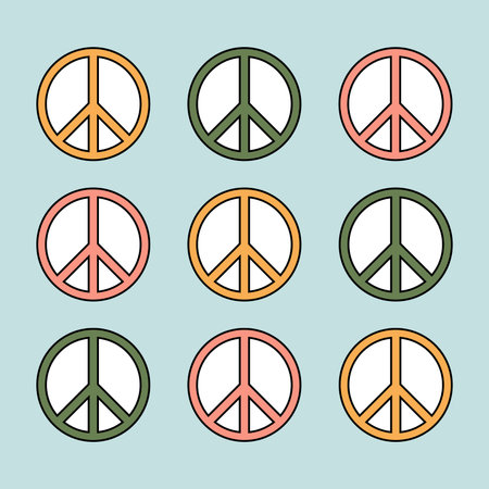 1970 trippy pattern peace. Colorful symbol peace on a light blue background. 70s vibes background. Groovy hand drawn vector illustration.のイラスト素材