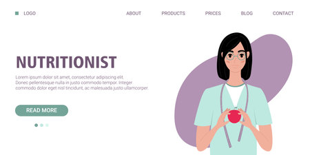 Nutritionist web banner. Female nutritionist stands with red apple. Template on a white background. Vector illustration in flat style.のイラスト素材
