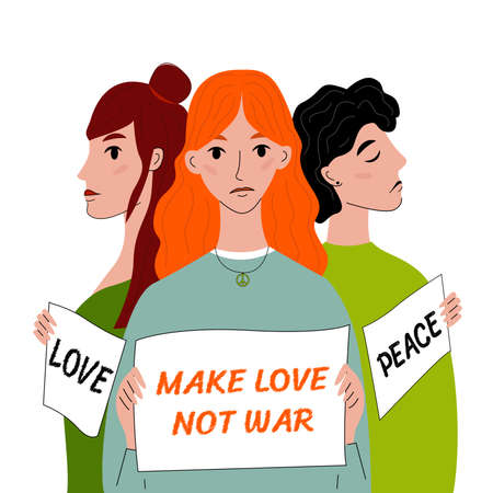 Protest against war concept. Three women protest against war with placards. Make love not war slogan. Pacific concept. Vector illustration in flat style.のイラスト素材