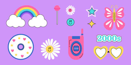 2000 psychedelic set stickers. Trippy daisies, rainbow, smile, lollypop, stars, butterfly, compact...