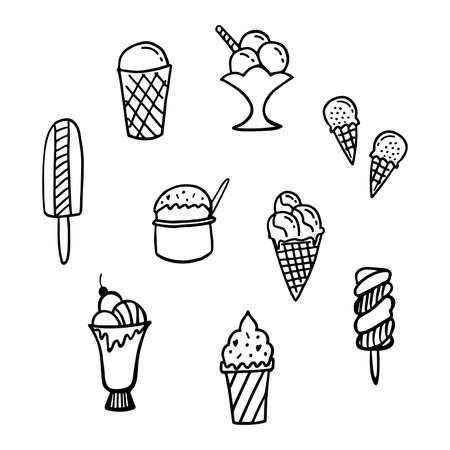 Ice cream line doodle set. Nine different ice cream popsicle, gelato, clotted cream, sundae, soft serve ice cream. template for design. Cute hand drawn vector illustration in flat style.のイラスト素材