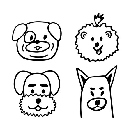 Funny dogs cartoon character set. Cute puppies of pug, pomeranian spitz, schnauzer breed line art. Nice happy pet isolated on white background. Hand drawn vector illustration in cartoon style.のイラスト素材