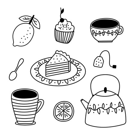 Kitchen linear doodle set. Tea party cartoon elements teapot, cups, lemon, dessert, spoon, tea bag. Cute line set on a white background. hand drawn vector illustration.のイラスト素材