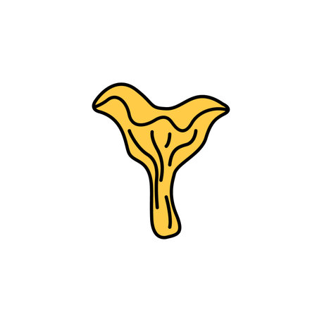 Yellow chanterelle groovy mushroom doodle. Element autumn collection. Black outline isolated on a white background. Hand drawn line art, cute vector illustration.のイラスト素材