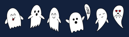 Halloween ghost doodle set. Cartoon cute characters. Hand drawn clipart, outline vector illustration isolated on dark blue background.のイラスト素材