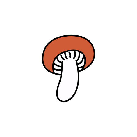 Orange-cap russula groovy mushroom doodle. Element autumn collection. Black outline isolated on a white background. Hand drawn line art, cute vector illustration.のイラスト素材