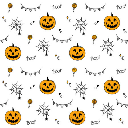 Halloween cartoon pattern doodle. Pumpkin, sweets, web, spider, garland. Cartoon elements isolated on white background. Endless, seamless pattern. Hand drawn outline vector illustration.のイラスト素材