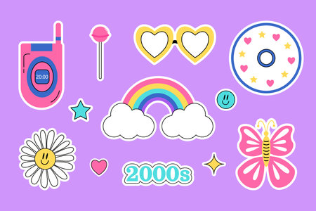 2000 psychedelic set stickers. Trippy daisy, rainbow, smile, lollypop, stars, butterfly, compact disc, mobile phone, glasses on purple background. Y2k vibe elements. cartoon vector illustration.のイラスト素材