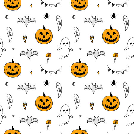 Halloween cartoon pattern doodle. Pumpkin, sweets, ghost, garland. Cartoon elements isolated on white background. Endless, seamless pattern. Hand drawn outline vector illustration.のイラスト素材