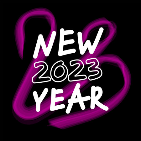 2023 new year graffiti poster. White text with a pink neon symbol on a black background. Street art,...