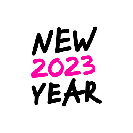 2023 new year graffiti poster. Black text with a pink neon symbol on a white background. Street art,...