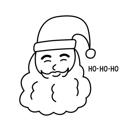 Santa Claus head doodle clipart. Santa Claus smile and say ho ho ho. Contoured face of an old man in a hat with a beard. Happy new year and Merry Christmas. Hand drawn outline vector illustration.のイラスト素材
