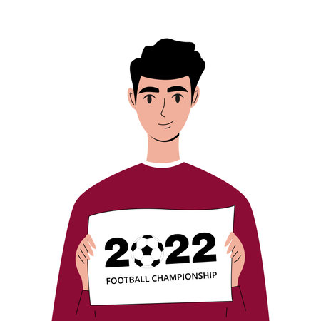 Football fan Qatar 2022 template. Young man stands with football championship poster in his hands. modern fan character. Vector illustration in flat style isolated on white background.のイラスト素材