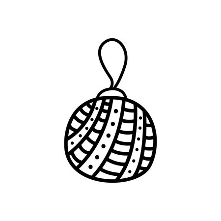 Christmas ball doodle isolated. Christmas tree decoration element, christmas ball with stripes and polka dots. Black lines on white background. Cute hand drawn vector illustration.のイラスト素材