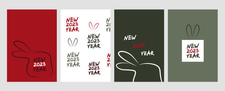 2023 new year poster set. Four vertical posters with outline rabbit head silhouette. Street art, lettering, graffiti, template, banner, card. Hand drawn doodle modern vector illustration.のイラスト素材