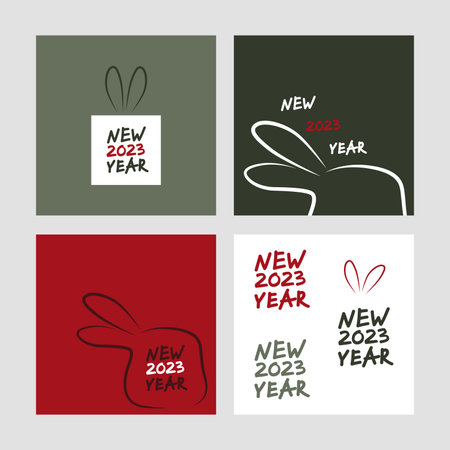 2023 new year poster set. Four square posters with outline rabbit head silhouette. Street art, lettering, graffiti, template, banner, card. Hand drawn doodle modern vector illustration.のイラスト素材