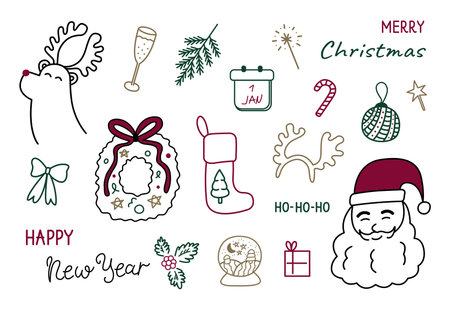 Christmas elements color doodle set. Reindeer, Santa Claus, glass ball, champagne, decorations and other elements new year collection isolated on white background. Cute hand drawn vector illustration.のイラスト素材