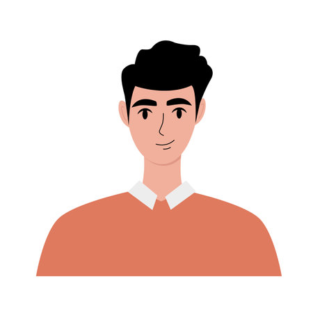 Modern young man portrait flat. Attractive guy with black hair in an orange sweatshirt. face, head character portrait. Hand drawn vector illustration isolated on white background.のイラスト素材