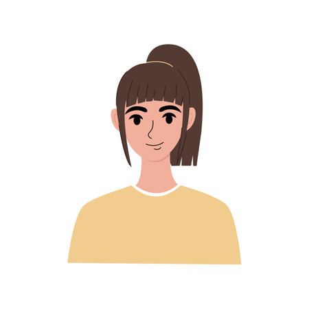 Modern young woman portrait flat. Pretty girl with brown hair in an yellow T-shirt. face, head character portrait. Hand drawn vector illustration isolated on white background.のイラスト素材