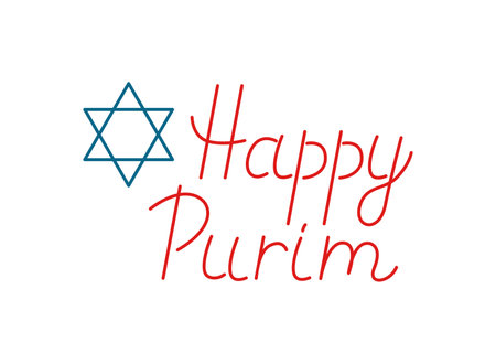 Happy Purim background lettering poster. The inscription with Star of David. jewish holiday. Red outline template, banner, card isolated on white background. Hand drawn doodle vector illustration.のイラスト素材
