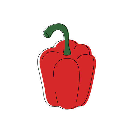 Red bell pepper line art. Fresh vegetables in cartoon style. Red pepper icon isolated on white background. Hand drawn doodle vector illustration.のイラスト素材