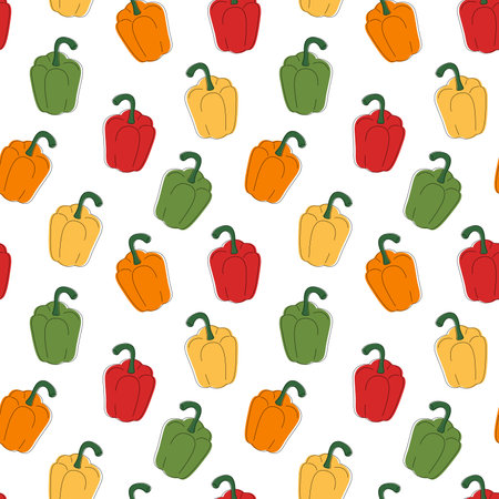 Multicolored bell pepper pattern. Fresh vegetables in cartoon style. Seamless pattern isolated on white background. Hand drawn doodle vector illustration.のイラスト素材
