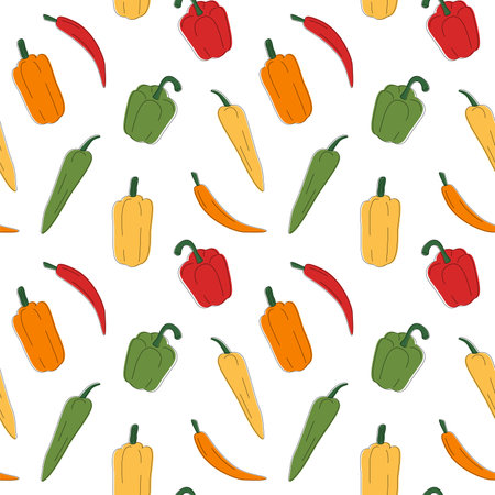 Multi-colored different peppers pattern line art. Fresh vegetables in cartoon style. Seamless pattern isolated on white background. Hand drawn doodle vector illustration.のイラスト素材