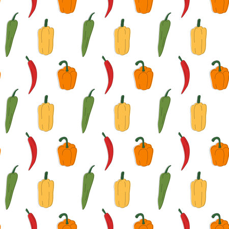 Multi-colored different peppers pattern line art. Fresh vegetables in cartoon style. Seamless pattern isolated on white background. Hand drawn doodle vector illustration.のイラスト素材