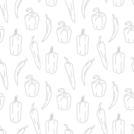 Different peppers pattern line art. Fresh vegetables in cartoon style. Seamless pattern isolated on white background. Hand drawn doodle vector illustration.のイラスト素材