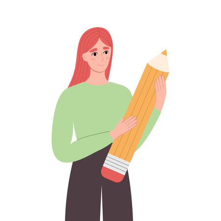 Young woman holding big pencil. Trendy girl with yellow pencil. Flat female character on white background. Education, business, creating, design concept. Hand drawn vector illustration in flat style.のイラスト素材
