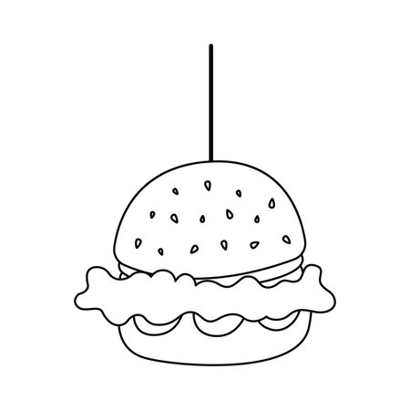 Cartoon chicken burger fast food doodle. Outline burger, street food concept, line art, sketch, template. Black and white icon. Hand drawn illustration isolated on white background.のイラスト素材