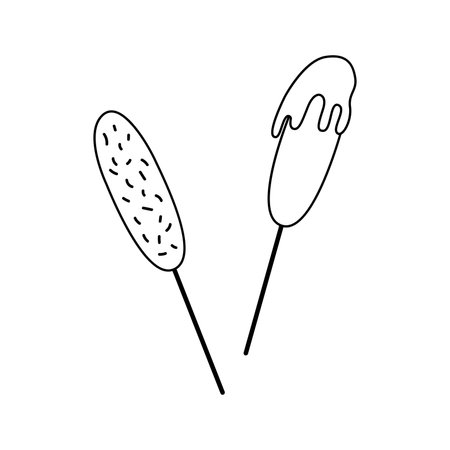 Cartoon corn dog fast food doodle. Outline hot dog, street food concept, line art, sketch, template. Black and white icon. Hand drawn illustration isolated on white background.のイラスト素材