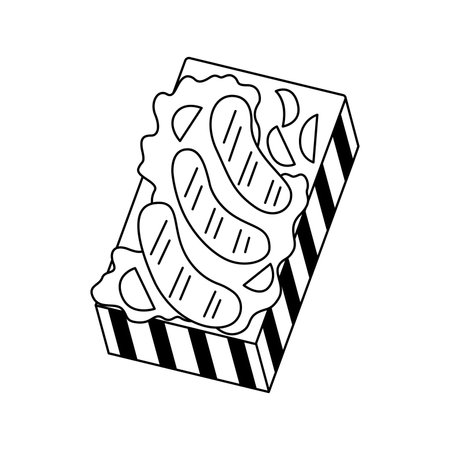 Cartoon sausages fast food doodle. Outline grilled sausages, street food concept, line art, sketch, template. Black and white icon. Hand drawn illustration isolated on white background.のイラスト素材