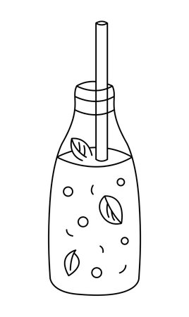Summer lemonade doodle. Lemonade with bubbles and mint in bottle with a straw. Summer drink. Hand drawn illustration isolated on white background.のイラスト素材