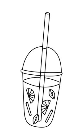 Summer lemonade doodle. Lemonade with lemon slices and mint in glass with a straw. Summer drink. Hand drawn illustration isolated on white background.のイラスト素材