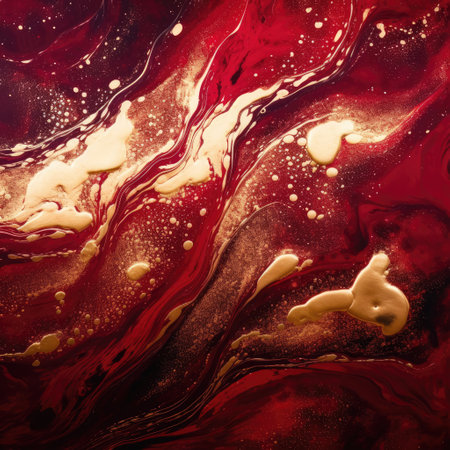 Red marble watercolor background. Fluid art with gold stripes and glitter dust. Alcohol ink texture. Modern template for banner, poster, digital design. AI generatedの素材
