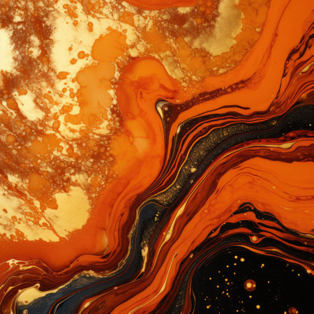 Orange marble watercolor background. Fluid art with gold stripes and glitter dust. Alcohol ink texture. Modern template for banner, poster, digital design. AI generatedの素材