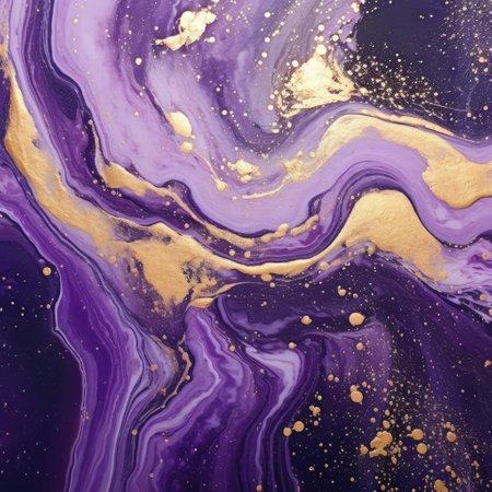 Purple marble watercolor background. Fluid art with gold stripes and glitter dust. Alcohol ink texture. Modern template for banner, poster, digital design. AI generatedの素材