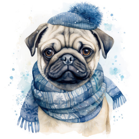 Cute dog watercolor portrait. Winter pug with blue hat and scarf. Printable template for banners, posters, sublimation, T-shirts, tumblers, christmas and greeting cards. AI generated.の素材