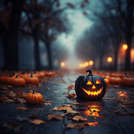 Halloween pumpkin background. Black glowing pumpkin with leaves on a dark mystical alley with lanterns and trees. Halloween scary background. Photorealistic illustration.の素材
