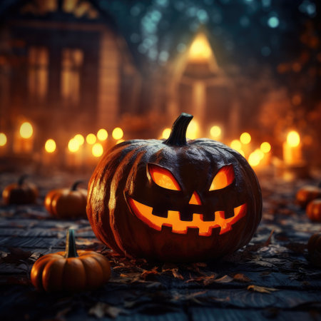 Halloween pumpkin background. Orange glowing pumpkin with candles and leaves on a dark mystical house background. Halloween scary background. Photorealistic illustration.の素材