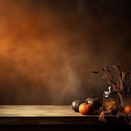 Halloween orange background. Wooden table with pumpkins, herbs and orange smoke. Soft light, photorealistic background. Minimalist product template.の素材